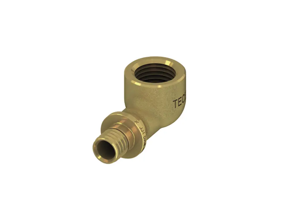 Winkelmuffe aus Siliziumbronze, mit einem Anschluss für Rohrleitungen. TECE-Produkt zur geschlossenen Verbindung von Rohrsystemen.